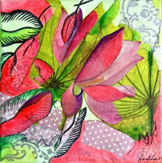 "Les fleurs du bien être rouge vert lilas" 2022 20x20cm Acryl Mischtechnik auf Cotton